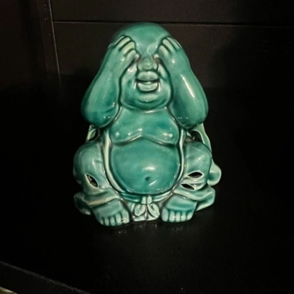 Vintage Green blue Buddha potpourri holder see no evil